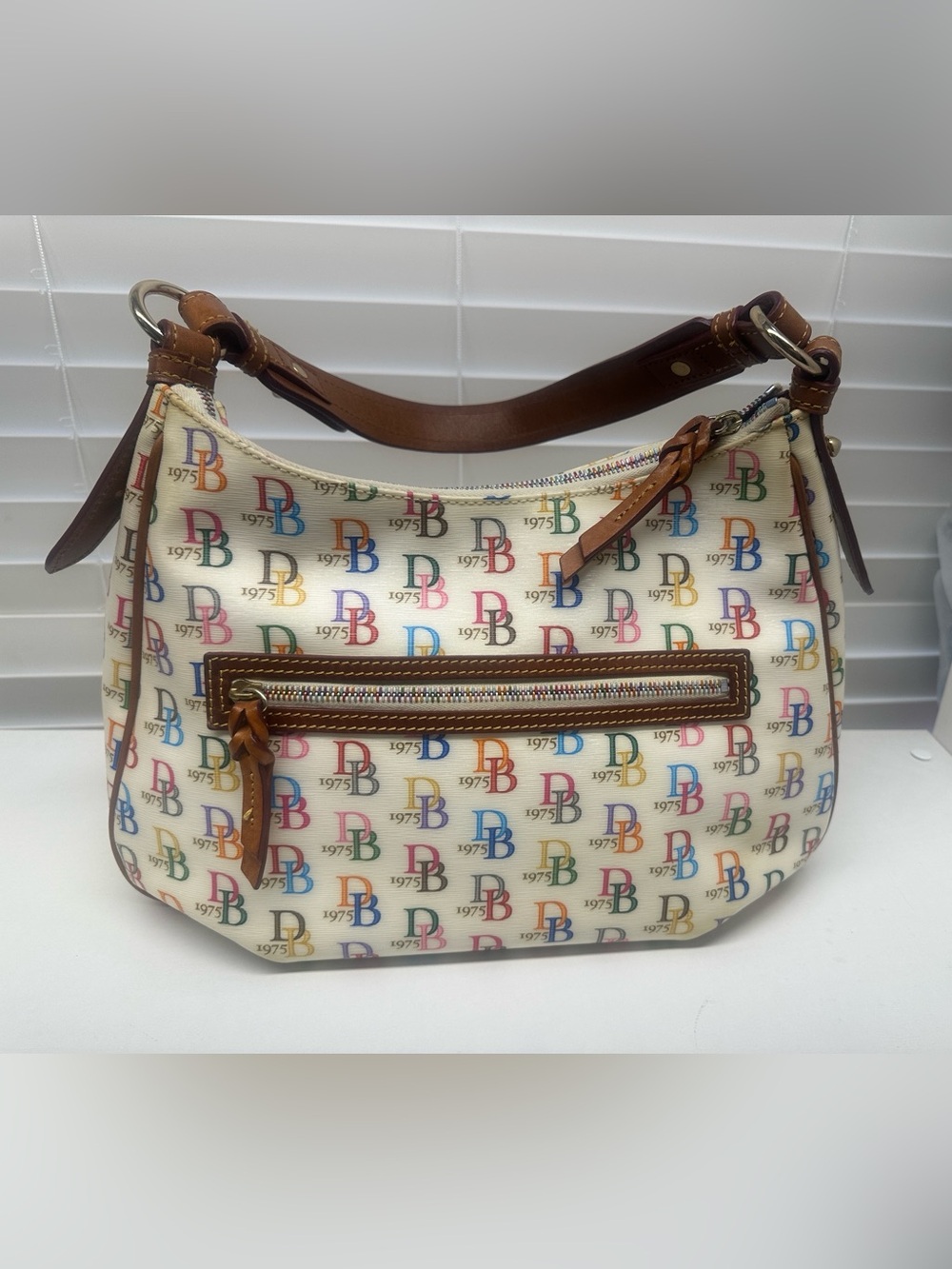 Dooney & Bourke White Multicolor DB Logo Shoulder Bag with Brown Trim
